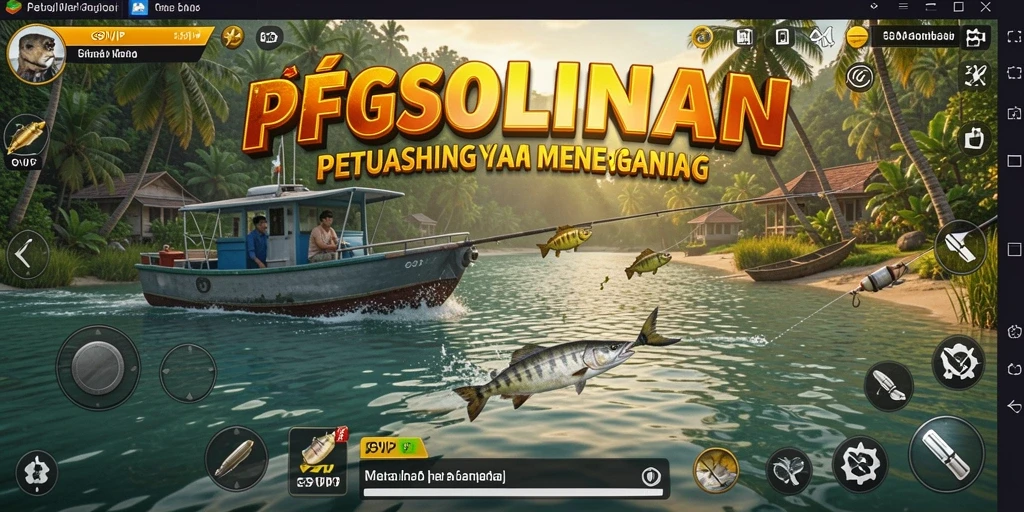 Screenshot gameplay G9VIP menunjukkan pemain sedang memancing di danau yang indah.