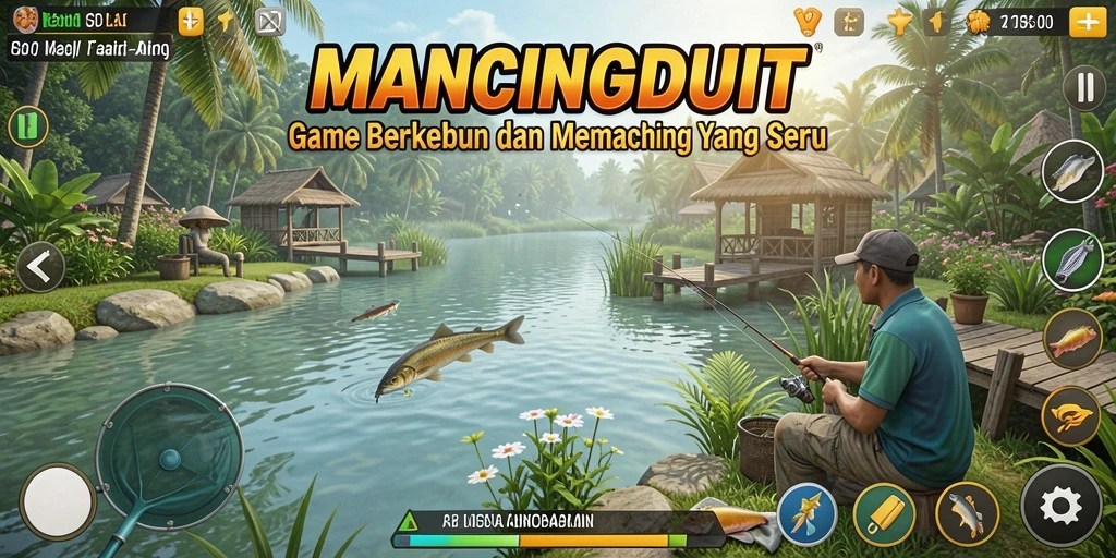 Tangkapan layar gameplay yang menampilkan suasana berkebun dan memancing di MANCINGDUIT.