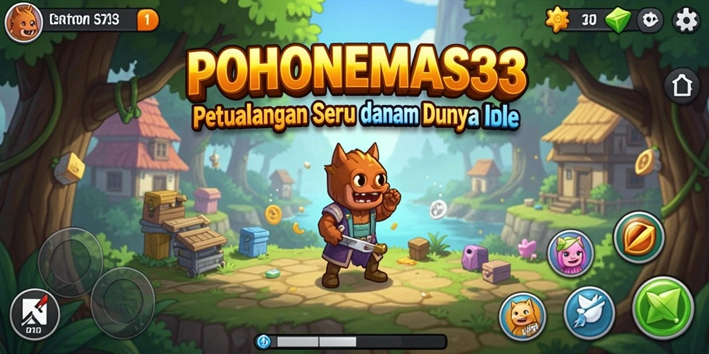 Screenshot gameplay menunjukkan keragaman pohon dan aktivitas pengelolaan sumber daya.