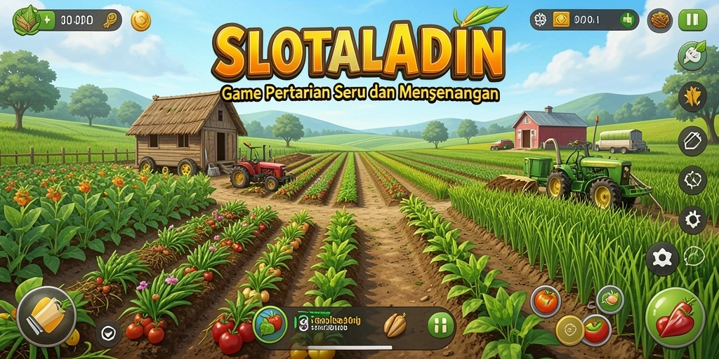 Screenshot gameplay <strong>SLOTALADIN</strong> menampilkan keseruan bertani dan mengelola lahan.
