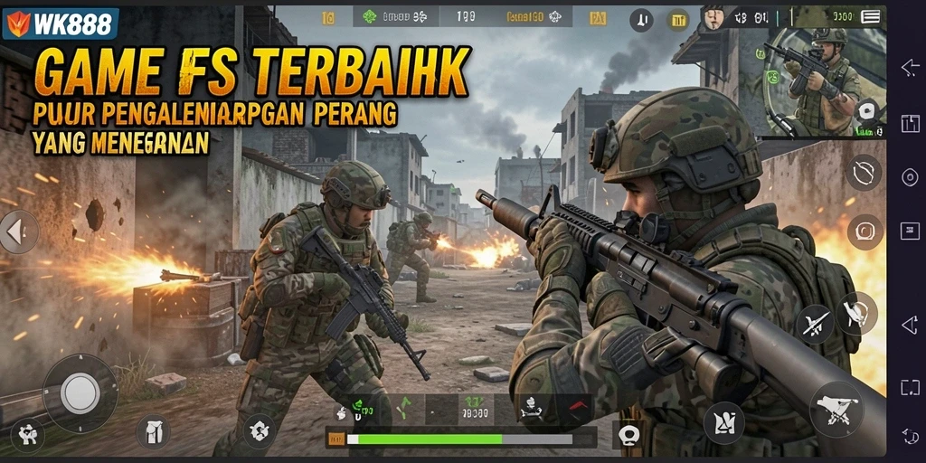 Tampilan gameplay intens dari game FPS WK888 saat menembak musuh.